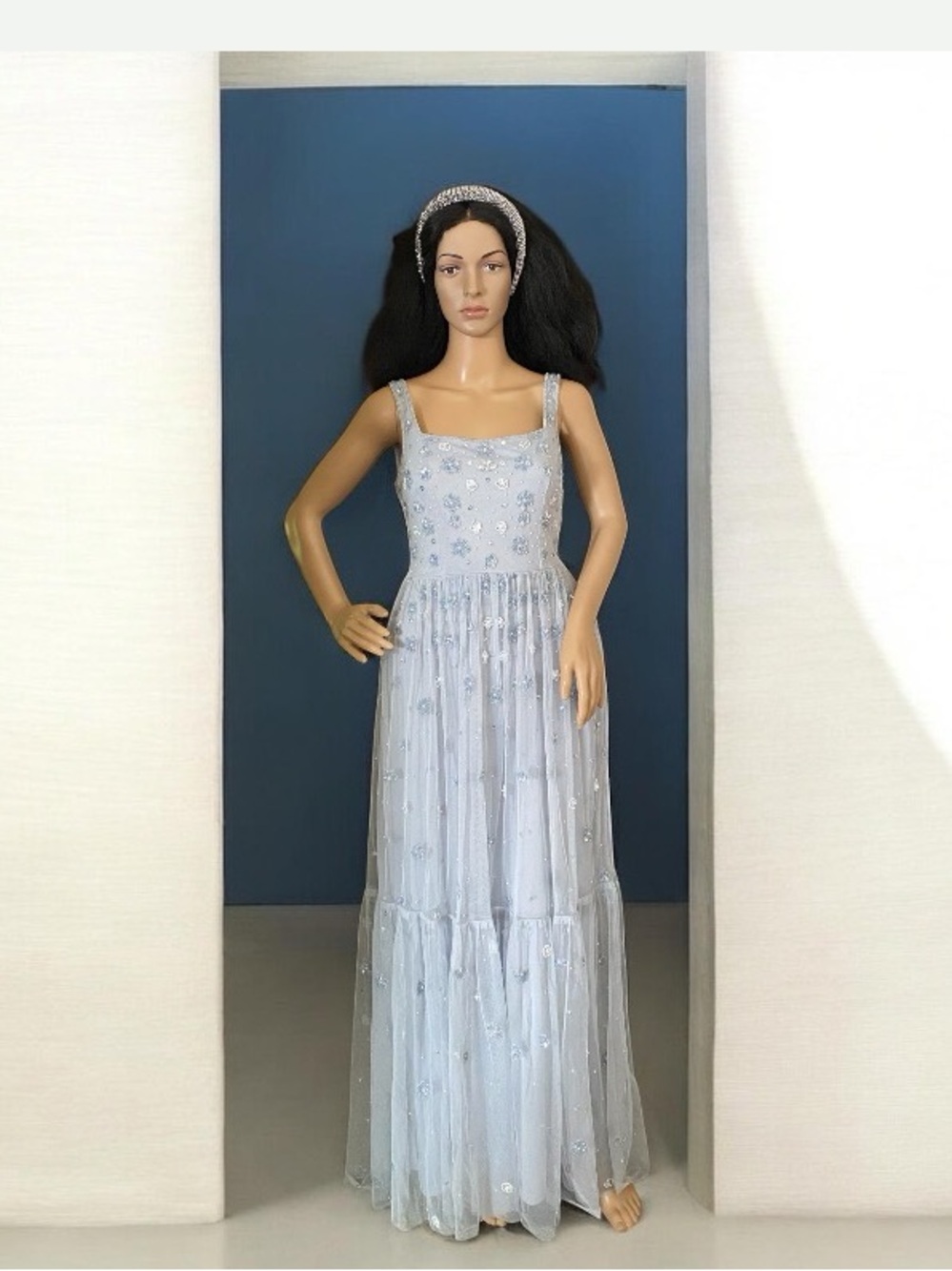 Adrianna Papell mesh sequins and beads glacier blue long dress